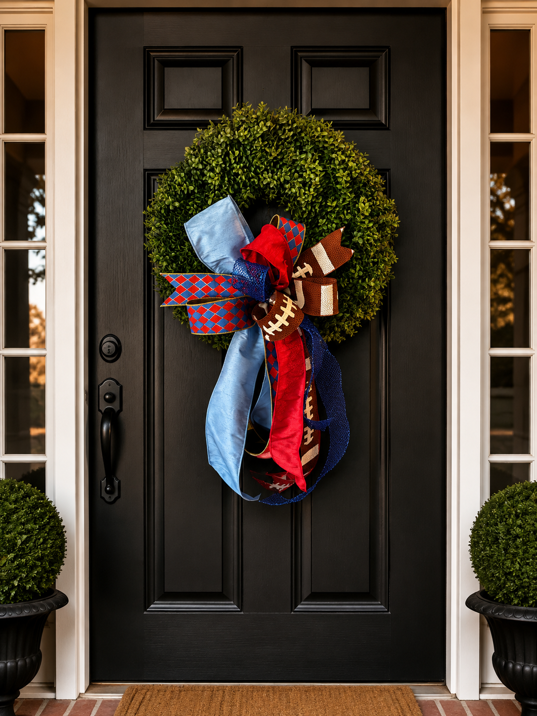 The Rebel bow with powder blue satin, red argyle, crimson velvet, navy mesh, and football ribbon on a boxwood wreath