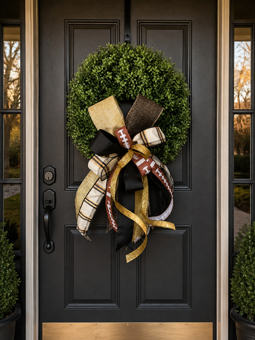 Friday Night Warrior bow with black, gold, plaid, burlap, and football ribbon on a boxwood wreath