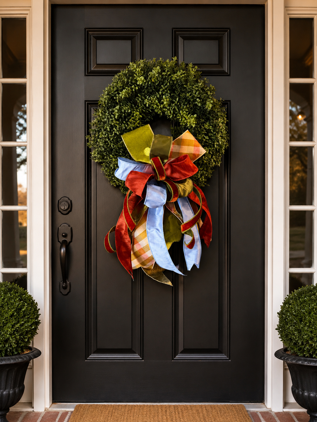 Autumn in the South bow with velvet red, olive gold, orange plaid, and powder blue ribbon on a boxwood wreath