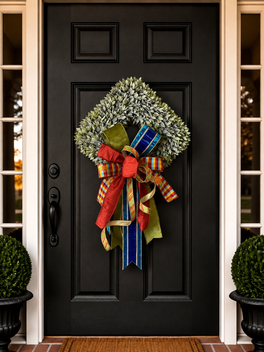 The Socialite bow with olive, red velvet, multicolor stripe, navy, and gold ribbon on a square preserved wreath