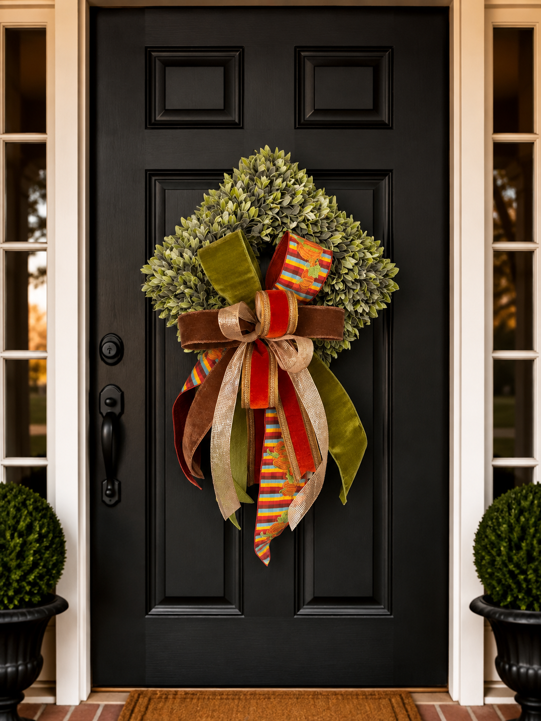 The Autumn Estate bow with olive velvet, crimson, burlap gold, brown velvet, and multicolor stripe ribbon on a square preserved wreath