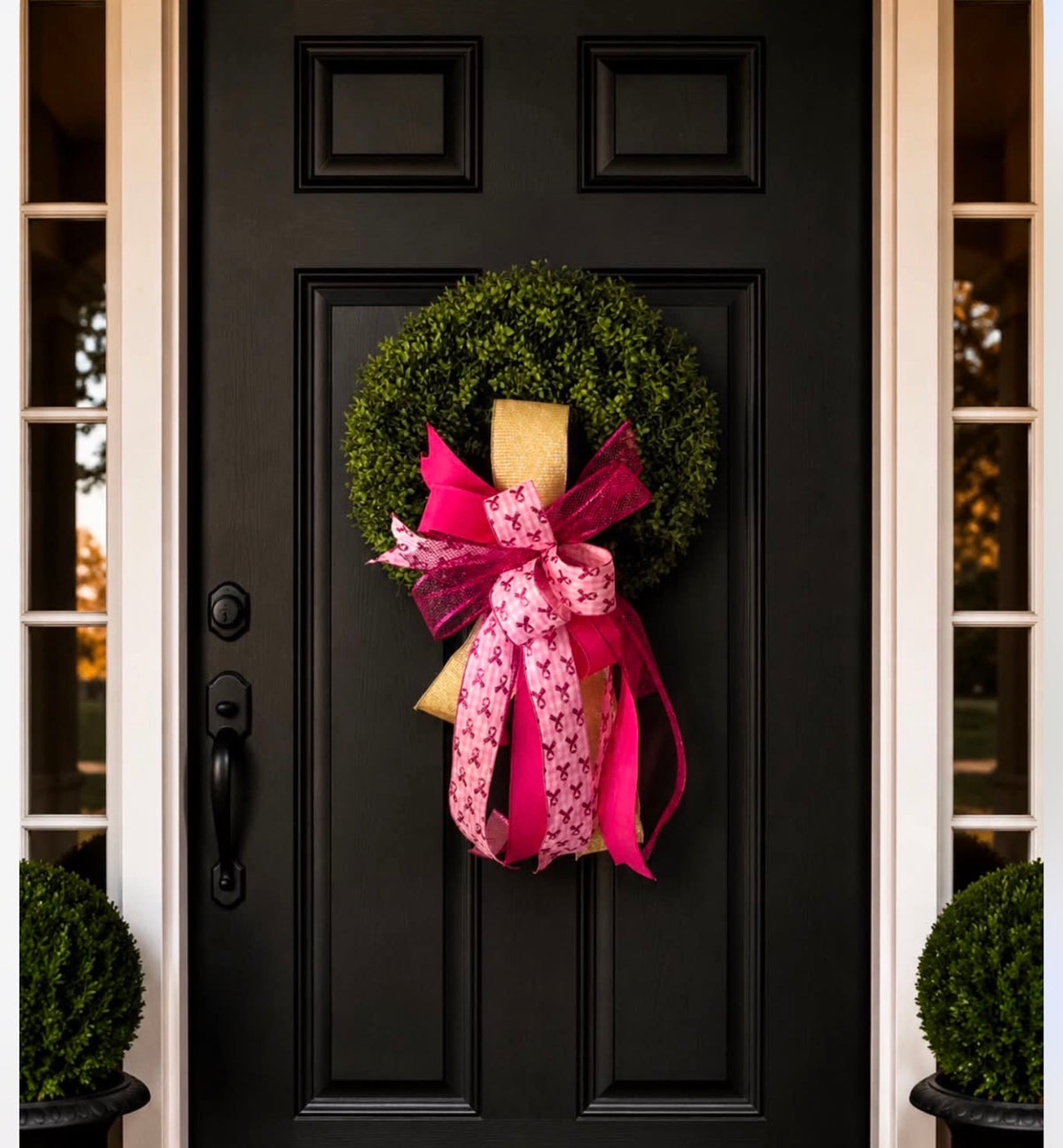 The Hope Bow with hot pink velvet, blush pink awareness ribbon print, and gold burlap on a boxwood wreath