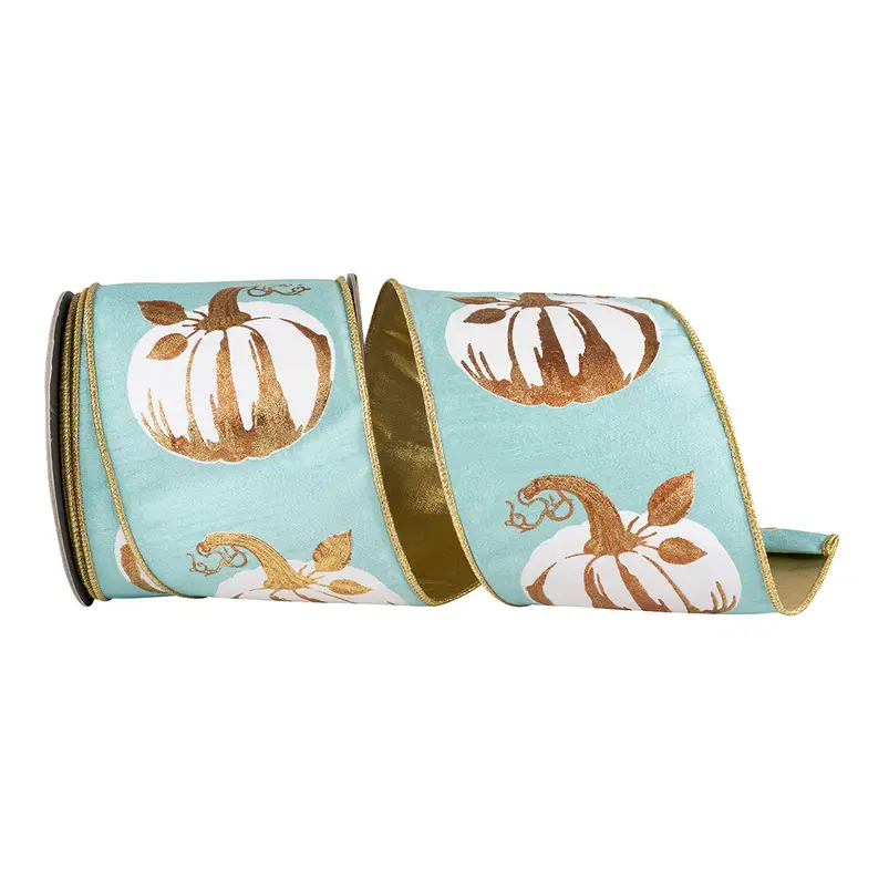 White Gilded Pumpkin Deluxe Wired Ribbon in teal with gold accents, 4 inch wide
