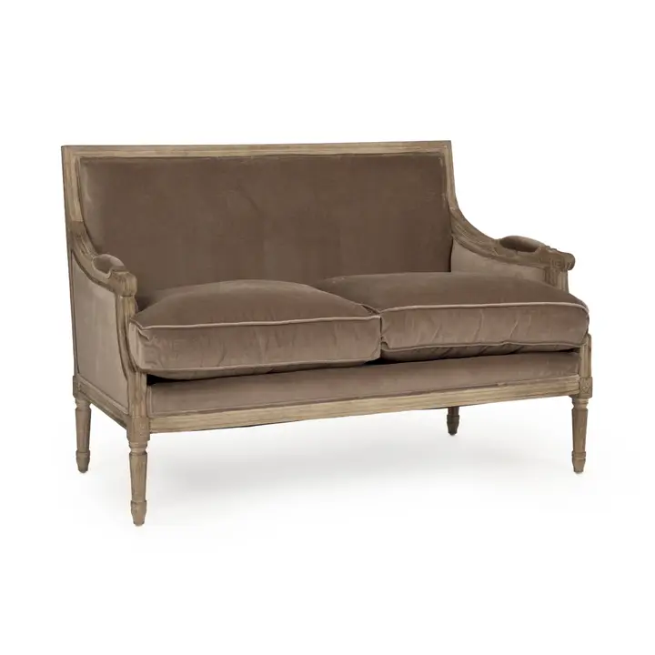 Brown Velvet Louis Settee - side angle view