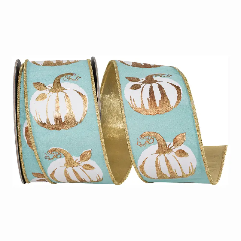 White Gilded Pumpkin Deluxe Wired Ribbon in teal with gold accents, 2.5 inch wide