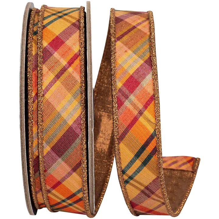 Tierra Tonal Diagonal Plaid Fused Ribbon in copper fall tones, 1 inch wide