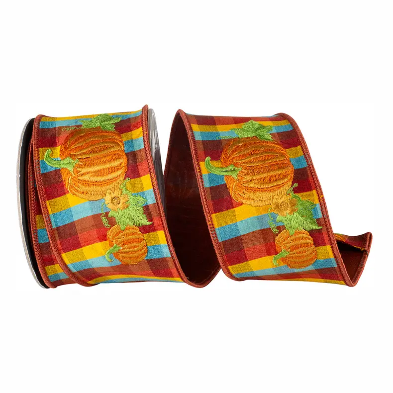 Pumpkin Embroidery Tonal Plaid Wired Ribbon in multi fall colors with embroidered pumpkins, 2.5 inch wide