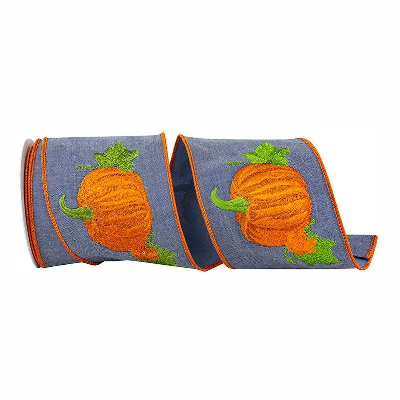 Pumpkin Embroidered Deluxe Wired Ribbon in denim blue with orange pumpkin, 4 inch wide