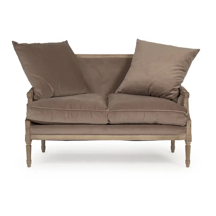 Brown Velvet Louis Settee - front view with pillows