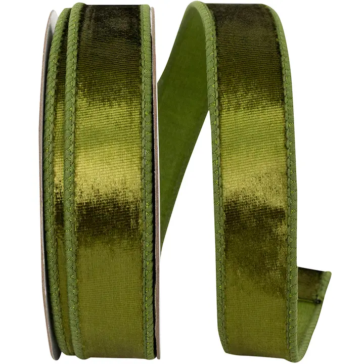 Designer Plush Velvet Elite Wired Ribbon in olive green, 1 inch wide