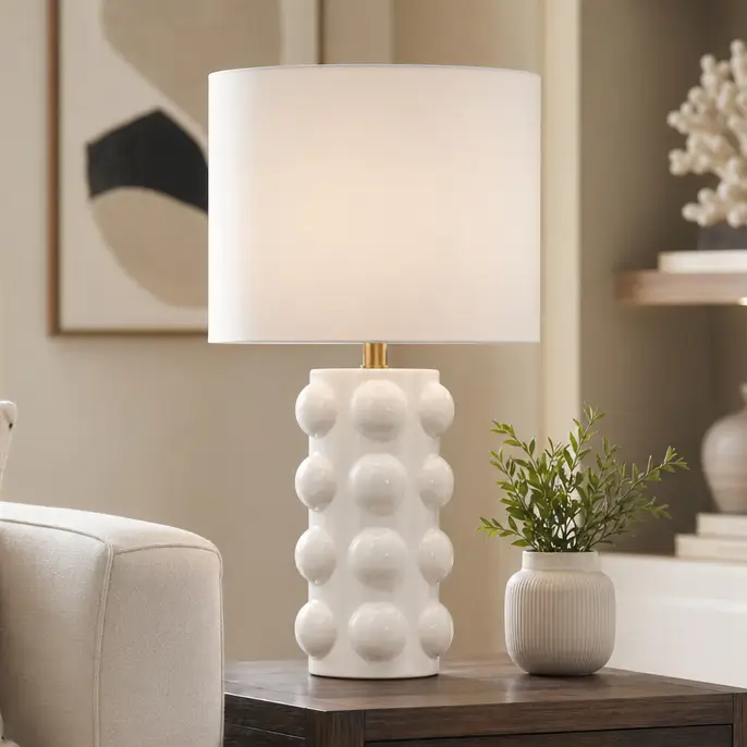 White ceramic modern bubble base table lamp with white drum shade, 23 inches