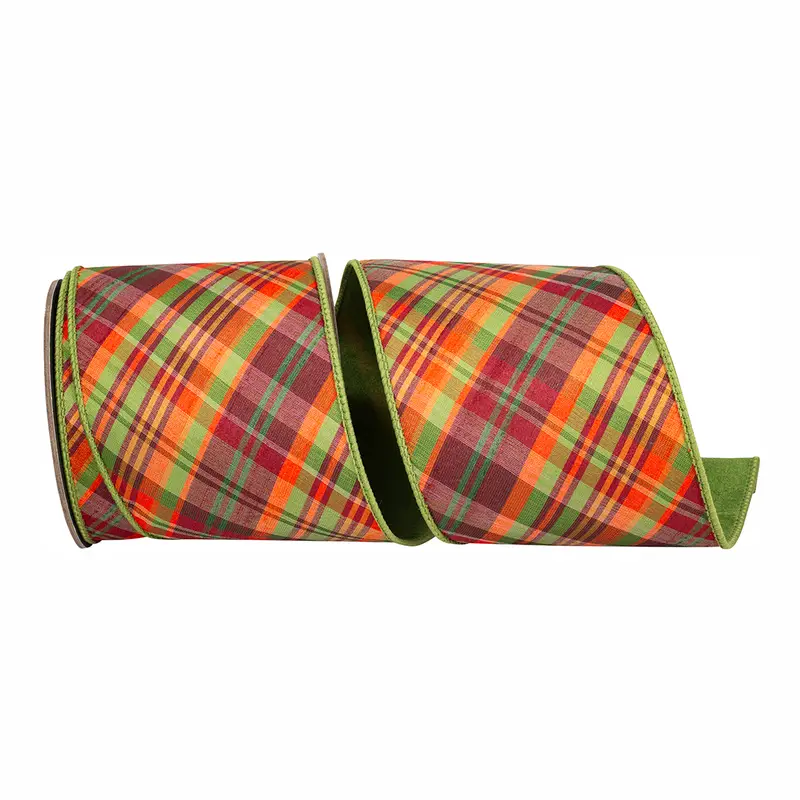 Plaid Tierra Sage Diagonal Fused Wired Ribbon in sage green with fall plaid pattern, 4 inch wide