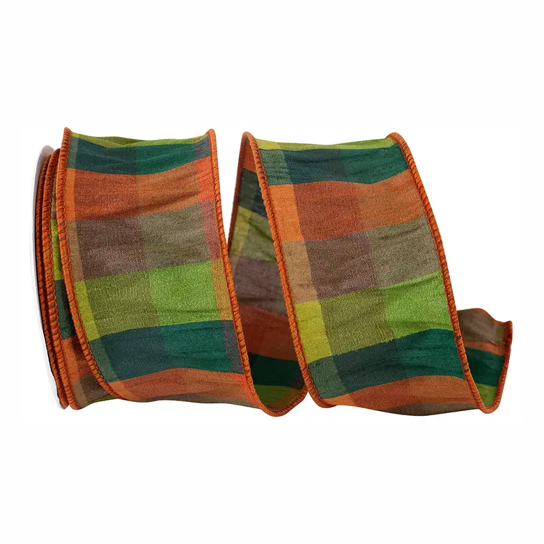 Plaid Dupioni Raymond Wired Ribbon in multi fall colors, 2.5 inch wide