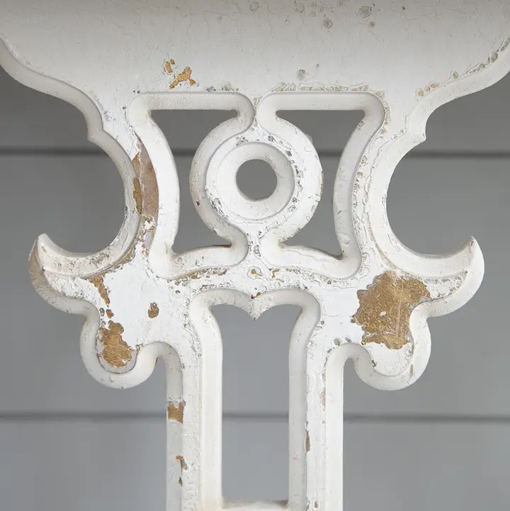 Classic Vintage White Wash Console Table - ornate carved base close-up