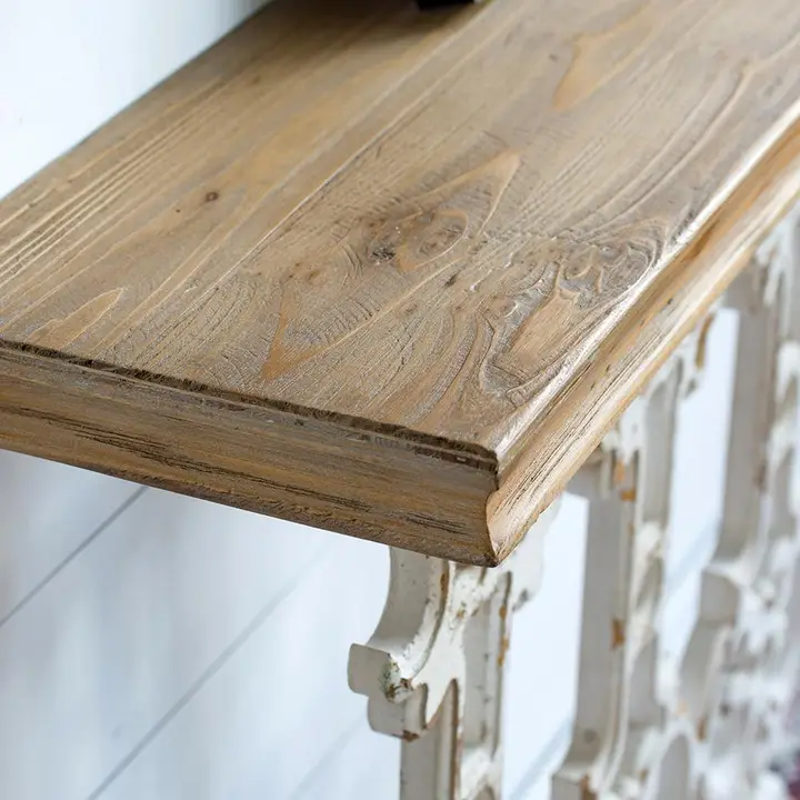 Classic Vintage White Wash Console Table - natural wood top detail