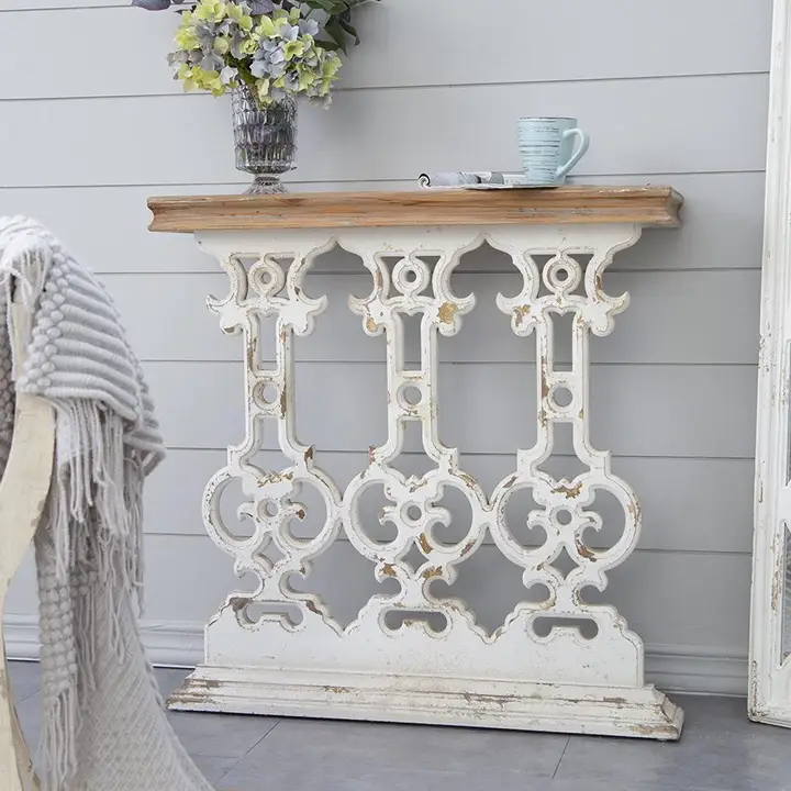 Classic Vintage White Wash Console Table styled in entryway