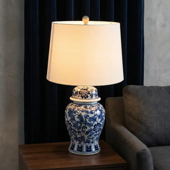 Blue and white ceramic traditional floral table lamp with white drum shade, 25 inches