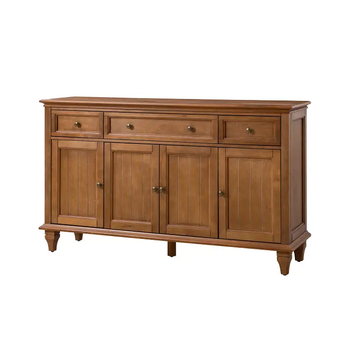 Hainrich 3 Drawer Sideboard in warm brown finish with beadboard cabinet doors