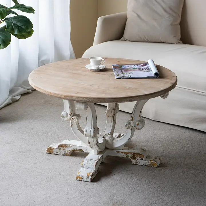 Coffee Table Distressed White with ornate scrollwork legs and round natural wood top