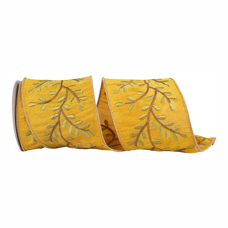 Vine Sunset Deluxe Embroidery Wired Ribbon in mustard yellow with embroidered golden leaf vines, 4 inch wide