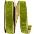 Plush Green Grass Velvet Wired Ribbon in bright chartreuse green with gold edge, 1 inch wide