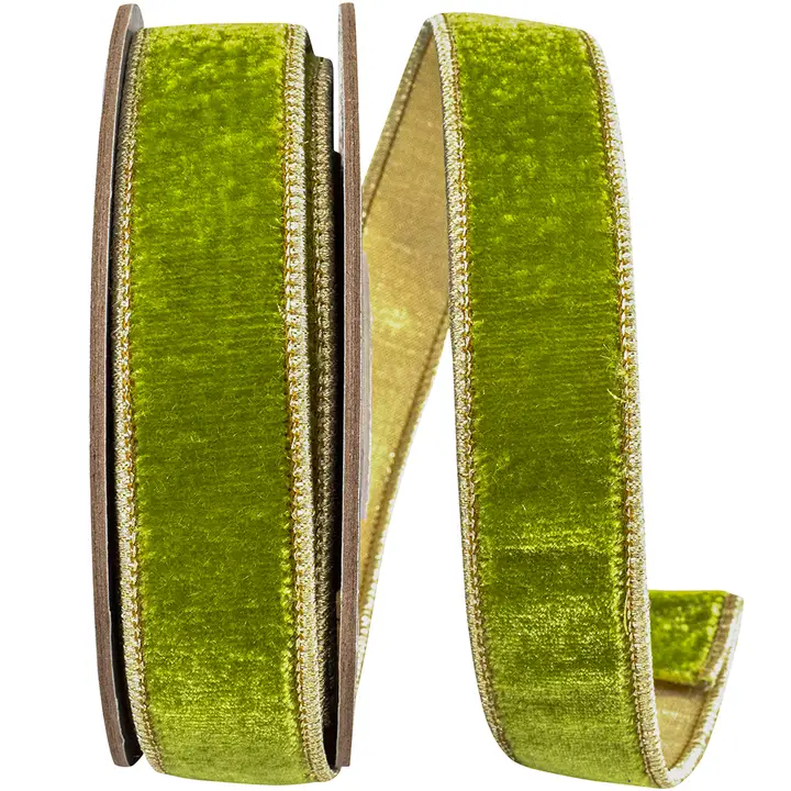Plush Green Grass Velvet Wired Ribbon in bright chartreuse green with gold edge, 1 inch wide