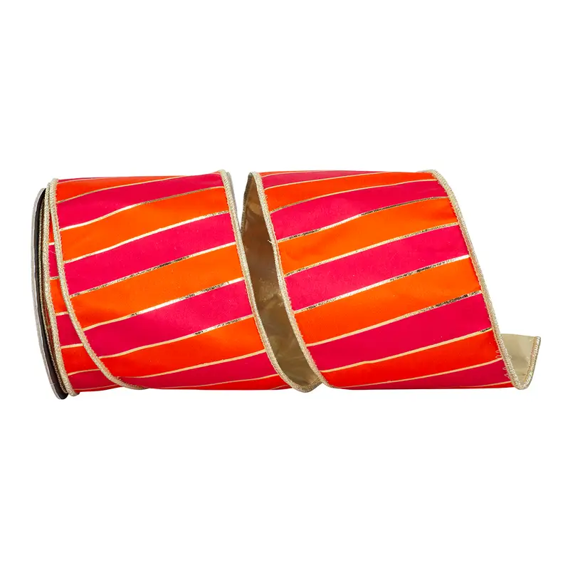 Striped Regal Bars Deluxe Wired Ribbon in orange and fuchsia with gold accents, 4 inch wide