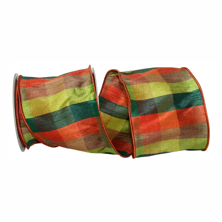Plaid Dupioni Raymond Wired Edge Ribbon in multi fall colors, 4 inch wide