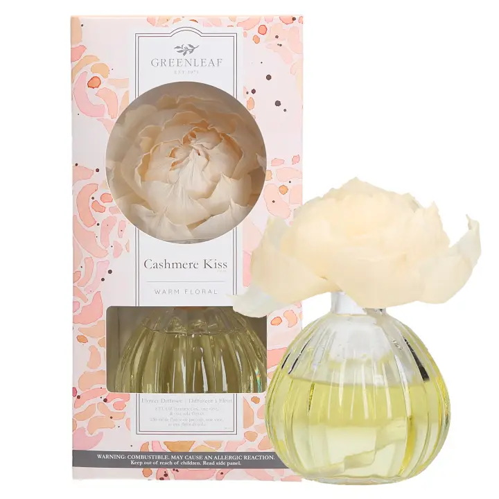 Greenleaf Cashmere Kiss Flower Diffuser warm floral fragrance in ribbed glass vessel